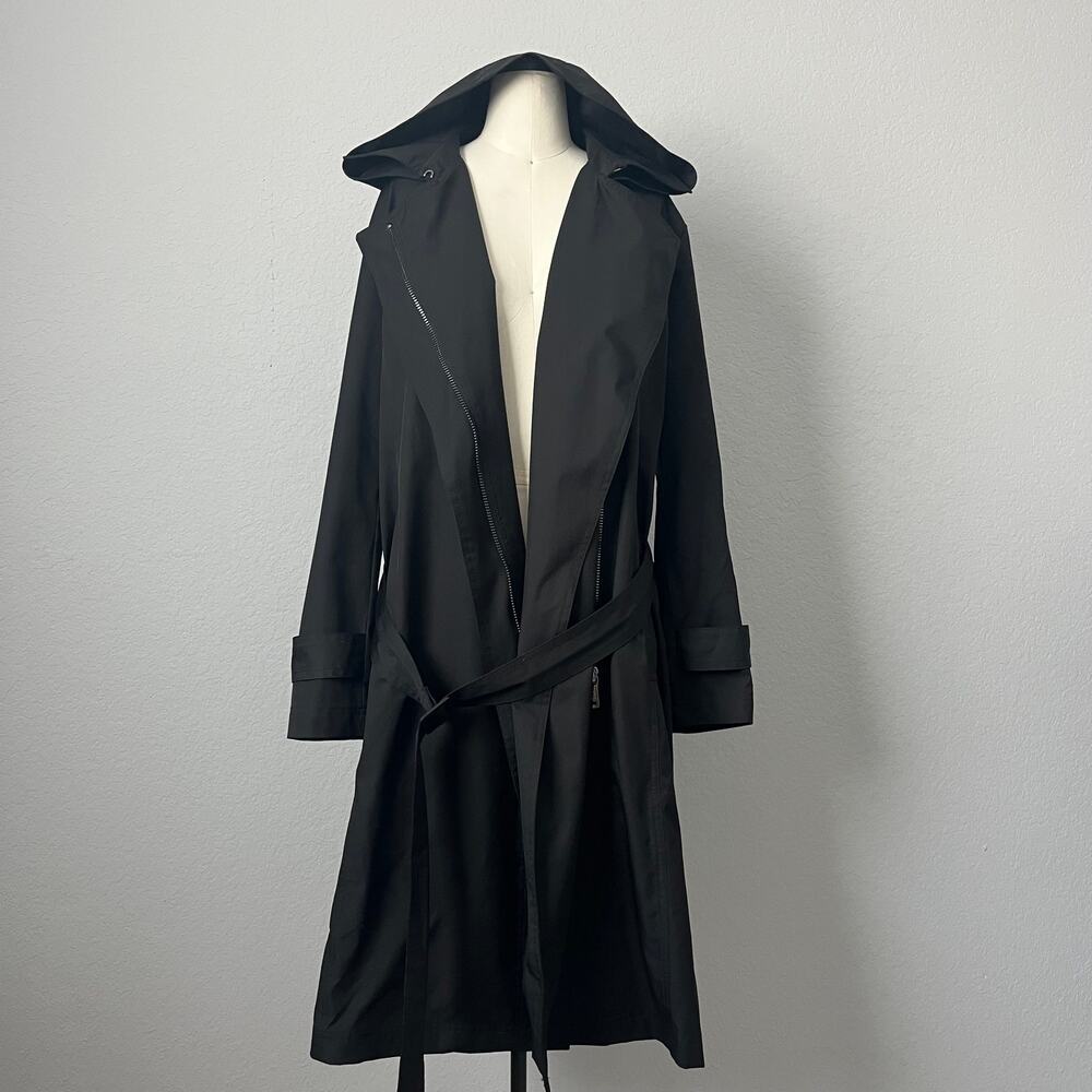 BERNARDO Black Hooded Trench Coat with Removable Belt - Size M